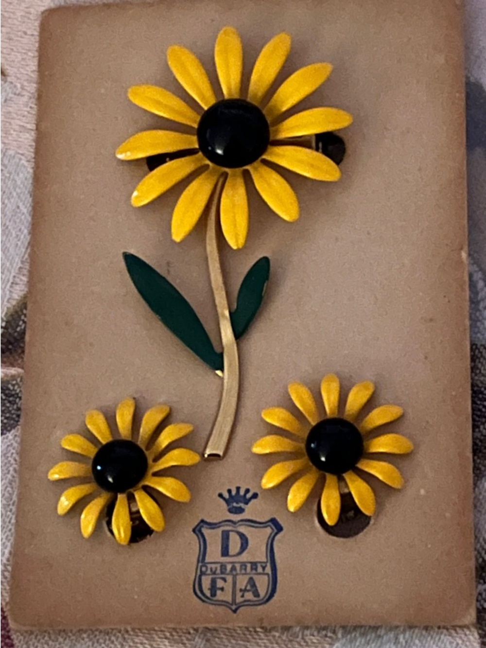 Gold Tone Clip-On Earrings with Matching Brooch on Display Card
